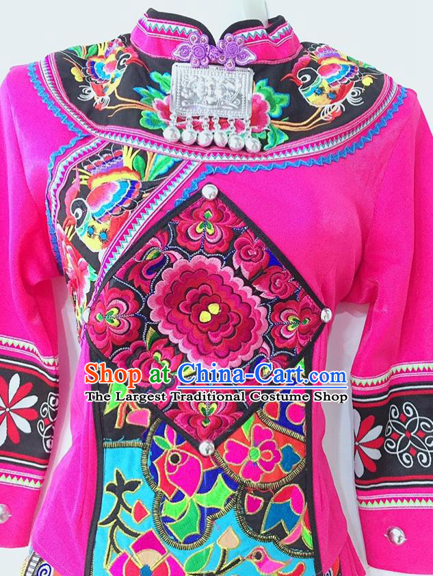 Chinese Yi Ethnic Group Female Garment Costumes Sichuan Nationality Festival Dress Tujia National Minority Wedding Rosy Uniforms