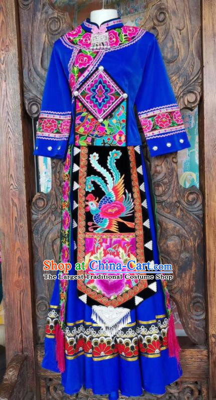 Chinese Tujia National Minority Wedding Blue Uniforms Yi Ethnic Group Female Garment Costumes Sichuan Nationality Festival Dress