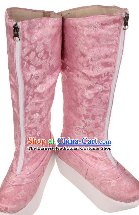 China Beijing Opera Hua Tan Shoes Ancient Swordswoman Pink Satin Boots Peking Opera Blues Shoes