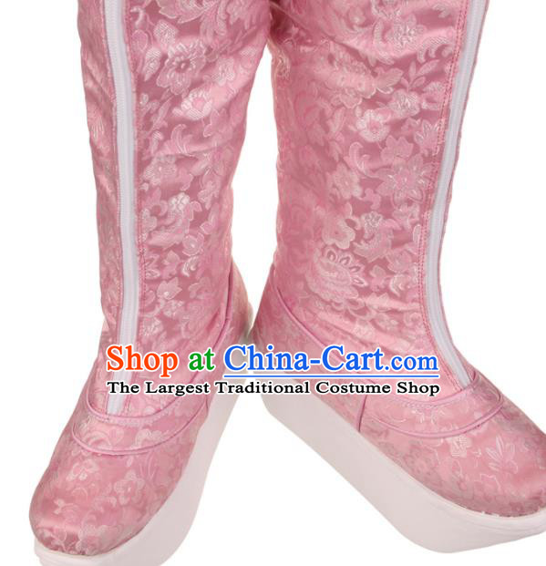 China Beijing Opera Hua Tan Shoes Ancient Swordswoman Pink Satin Boots Peking Opera Blues Shoes
