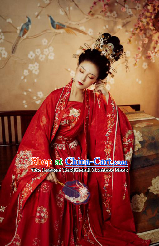 China Traditional Court Woman Embroidery Red Hanfu Dress Tang Dynasty Princess Historical Clothing Ancient Wedding Garment Costumes