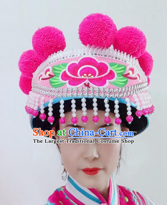 China Yi Nationality Dance Embroidered Headwear Yunnan Minority Stage Performance Headdress Ethnic Woman Pink Hat