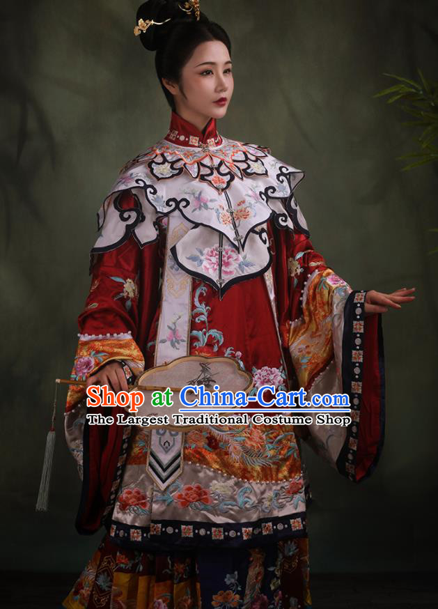 China Traditional Wedding Embroidered Red Hanfu Dress Qing Dynasty Court Historical Clothing Ancient Imperial Consort Garment Costumes