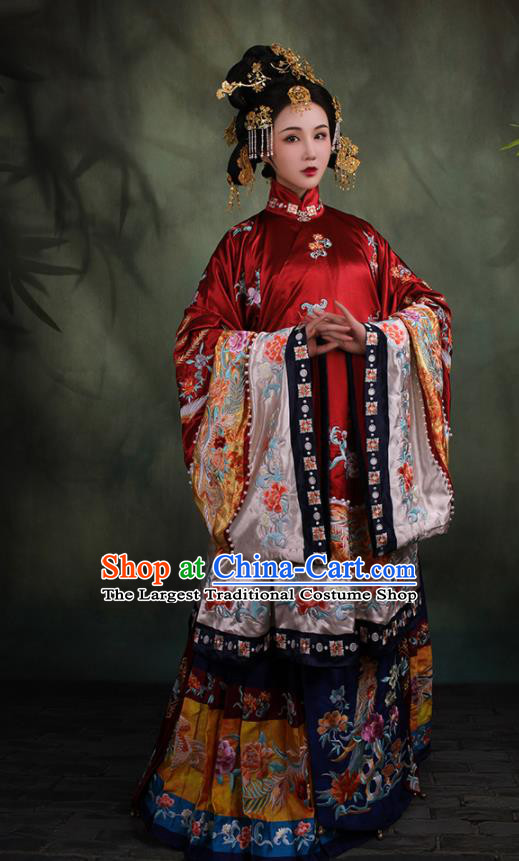 China Traditional Wedding Embroidered Red Hanfu Dress Qing Dynasty Court Historical Clothing Ancient Imperial Consort Garment Costumes