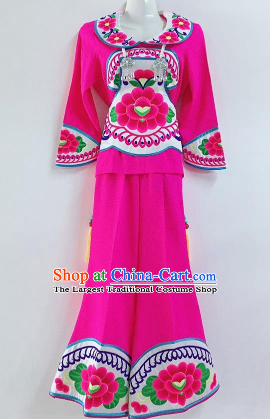 Chinese Ethnic Group Stage Performance Garment Costumes Yunnan Minority Female Informal Clothing Yi Nationality Dance Rosy Uniforms