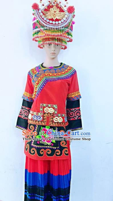 Chinese Pumi Nationality Bride Red Dress Uniforms Yunnan Ethnic Group Folk Dance Garment Costumes Yi Minority Women Wedding Clothing