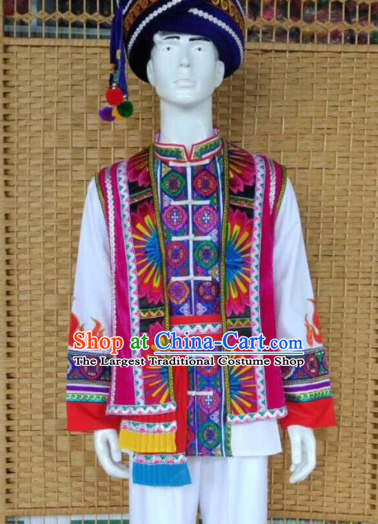 China Yi Minority Male Outfits Lisu Nationality Dance Embroidered Clothing Ethnic Wedding Costumes
