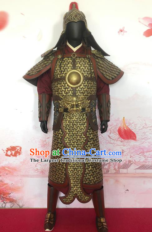 China Tang Dynasty General Golden Armor Uniforms Ancient Military Officer Garment Costumes Traditional Strategos Clothing and Headwear