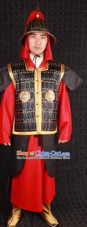 China Ming Dynasty Soldier Black Armor Uniforms Ancient General Garment Costumes Traditional Military Officer Clothing and Hat