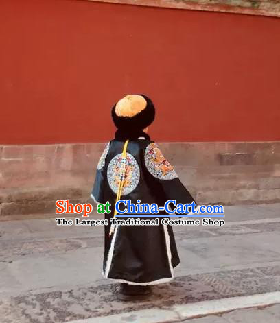 China Traditional Monarch Clothing Qing Dynasty Emperor Black Imperial Robe Uniforms Ancient Royal Highness Garment Costumes and Hat for Kids