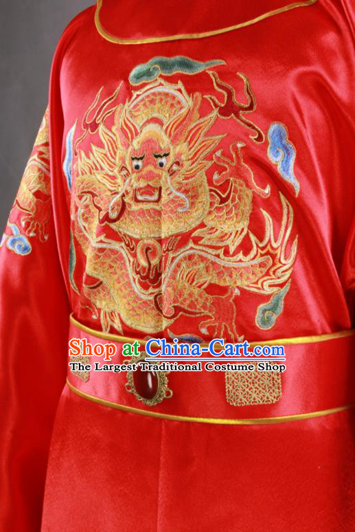 China Ming Dynasty Bridegroom Red Robe Uniforms Ancient Scholar Garment Costumes Traditional Wedding Embroidered Clothing and Hat