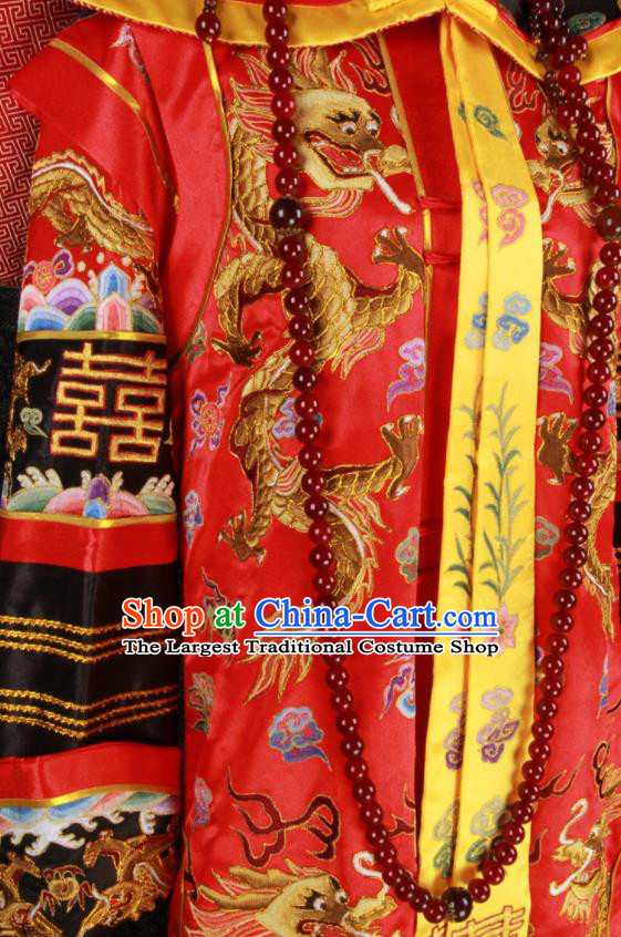 China Qing Dynasty Queen Embroidered Garment Costumes Traditional Wedding Female Attire Ancient Manchu Empress Red Dress and Hat