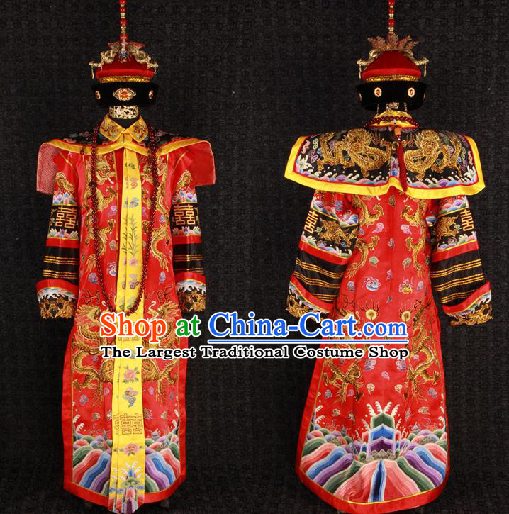 China Qing Dynasty Queen Embroidered Garment Costumes Traditional Wedding Female Attire Ancient Manchu Empress Red Dress and Hat