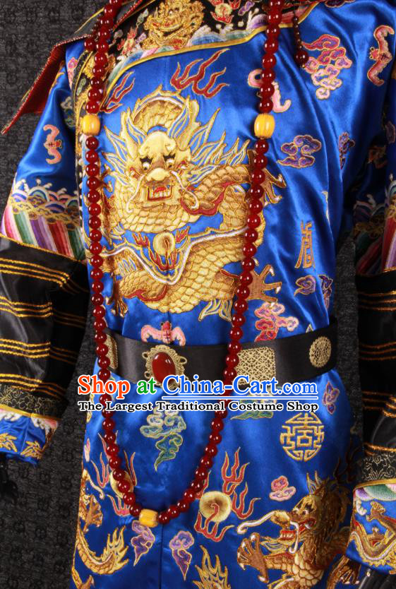 China Traditional Embroidered Royalblue Dragon Robe Clothing Qing Dynasty Official Uniforms Ancient Manchu Royal Highness Garment Costumes and Hat