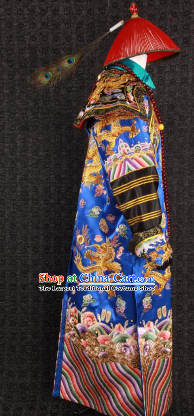 China Traditional Embroidered Royalblue Dragon Robe Clothing Qing Dynasty Official Uniforms Ancient Manchu Royal Highness Garment Costumes and Hat