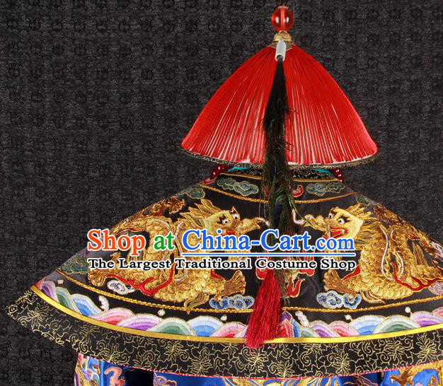 China Traditional Embroidered Royalblue Dragon Robe Clothing Qing Dynasty Official Uniforms Ancient Manchu Royal Highness Garment Costumes and Hat