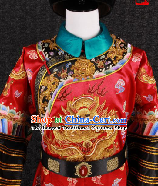 China Ancient Manchu Royal Highness Garment Costumes Traditional Wedding Embroidered Red Dragon Robe Clothing Qing Dynasty Emperor Uniforms and Headwear