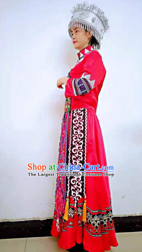 Chinese Xiangxi Ethnic Group Women Garment Costumes Qiang Minority Dance Clothing Yi Nationality Bride Red Uniforms
