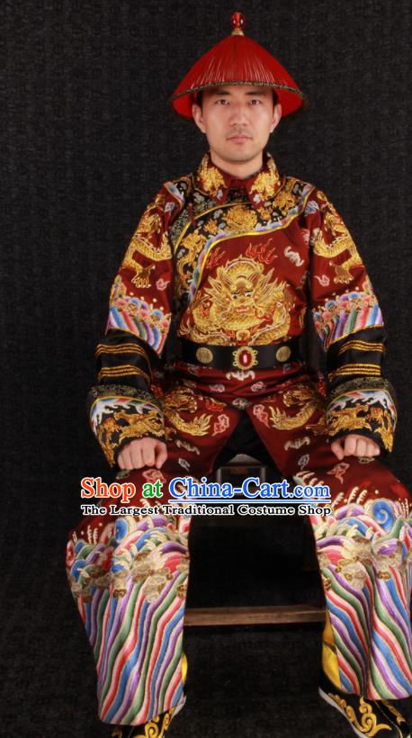 China Qing Dynasty Official Uniforms Ancient Royal Highness Garment Costumes Traditional Embroidered Red Dragon Robe Clothing and Headwear
