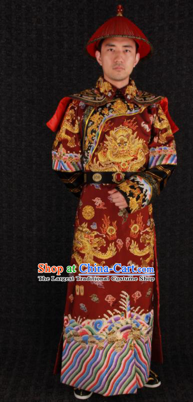 China Qing Dynasty Official Uniforms Ancient Royal Highness Garment Costumes Traditional Embroidered Red Dragon Robe Clothing and Headwear