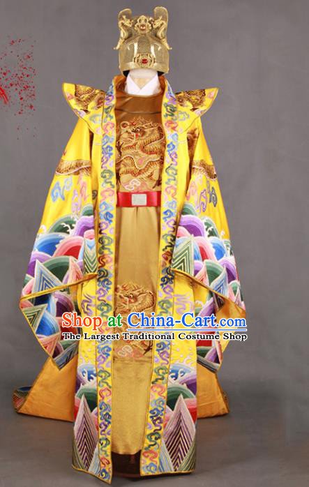 China Ming Dynasty Emperor Golden Uniforms Ancient Royal King Garment Costumes Traditional Embroidered Imperial Robe Clothing and Hat