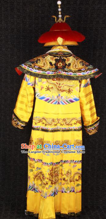 China Ancient Royal Lord Garment Costumes Traditional Embroidered Yellow Imperial Robe Clothing Qing Dynasty Emperor Qianlong Uniforms and Hat