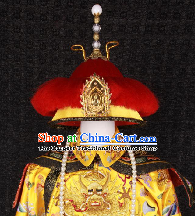 China Ancient Royal Lord Garment Costumes Traditional Embroidered Yellow Imperial Robe Clothing Qing Dynasty Emperor Qianlong Uniforms and Hat