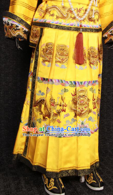 China Ancient Royal Lord Garment Costumes Traditional Embroidered Yellow Imperial Robe Clothing Qing Dynasty Emperor Qianlong Uniforms and Hat