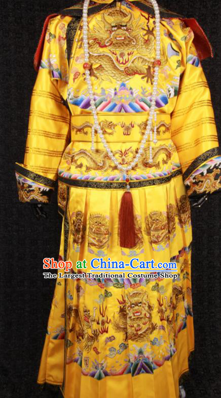 China Ancient Royal Lord Garment Costumes Traditional Embroidered Yellow Imperial Robe Clothing Qing Dynasty Emperor Qianlong Uniforms and Hat