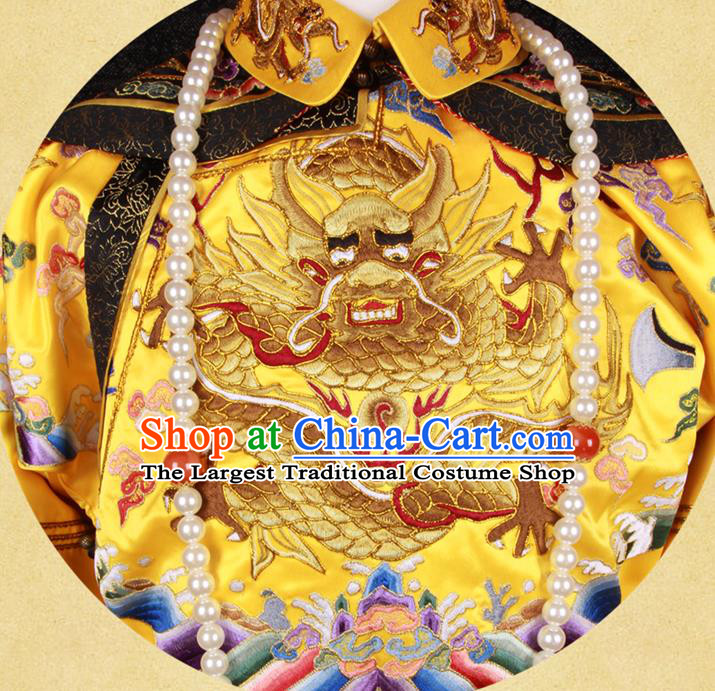 China Ancient Royal Lord Garment Costumes Traditional Embroidered Yellow Imperial Robe Clothing Qing Dynasty Emperor Qianlong Uniforms and Hat