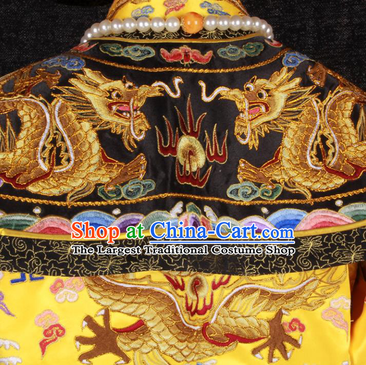 China Ancient Royal Lord Garment Costumes Traditional Embroidered Yellow Imperial Robe Clothing Qing Dynasty Emperor Qianlong Uniforms and Hat