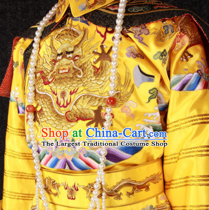 China Ancient Royal Lord Garment Costumes Traditional Embroidered Yellow Imperial Robe Clothing Qing Dynasty Emperor Qianlong Uniforms and Hat