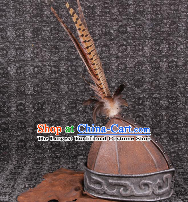 Chinese Yuan Dynasty Warrior Hat Ancient General Brown Helmet Traditional Drama Soldier Headwear