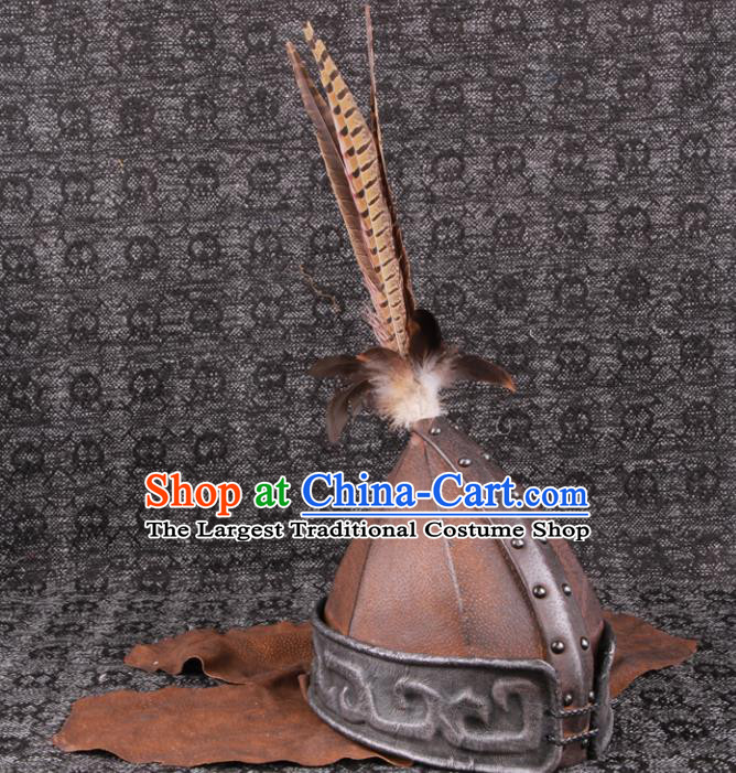 Chinese Yuan Dynasty Warrior Hat Ancient General Brown Helmet Traditional Drama Soldier Headwear