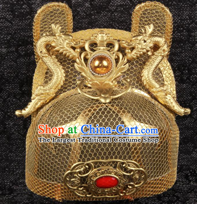 Chinese Ming Dynasty Emperor Golden Dragon Hat Ancient King Headdress Traditional Drama Monarch Headwear