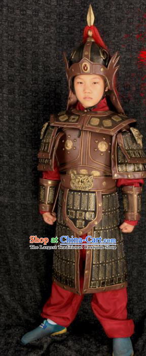 China Ancient Children Warrior Garment Costumes Traditional Drama Kid Brown Armor Clothing Tang Dynasty General Uniforms