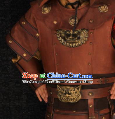 China Song Dynasty General Uniforms Ancient Children Warrior Garment Costumes Traditional Drama Kid Yue Fei Brown Armor Clothing and Hat