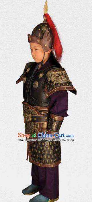 China Traditional Drama Kid Soldier Black Armor Clothing Han Dynasty General Uniforms Ancient Children Warrior Garment Costumes and Hat
