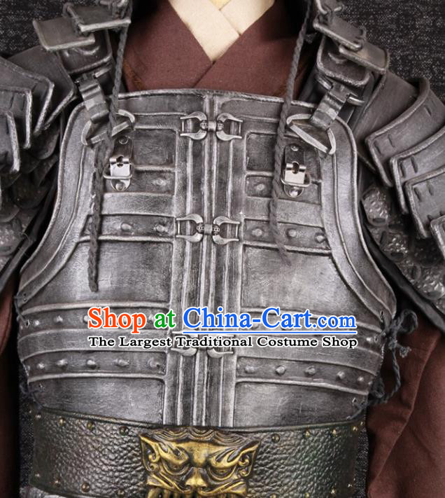 China Traditional Drama Children Warrior Clothing Ming Dynasty General Grey Armor Uniforms Ancient Soldier Garment Costumes and Headdress