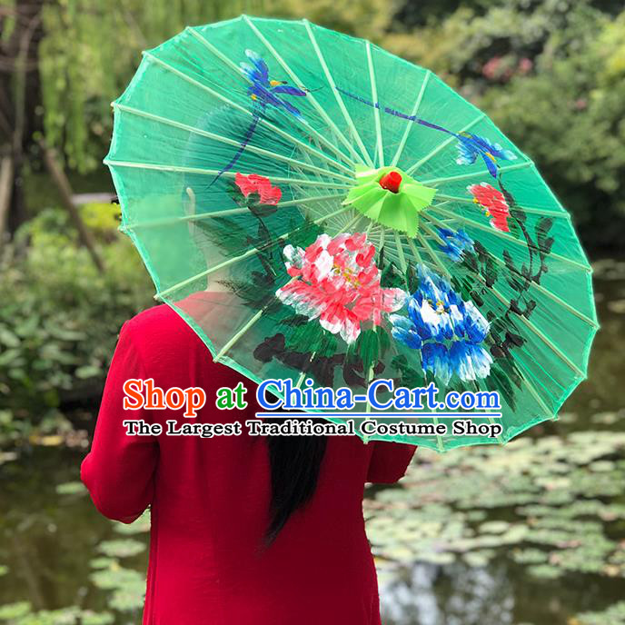 Chinese Painting Peony Umbrella Classical Dance Umbrellas Handmade Green Silk Umbrella Traditional Hanfu Prop Bumbershoot