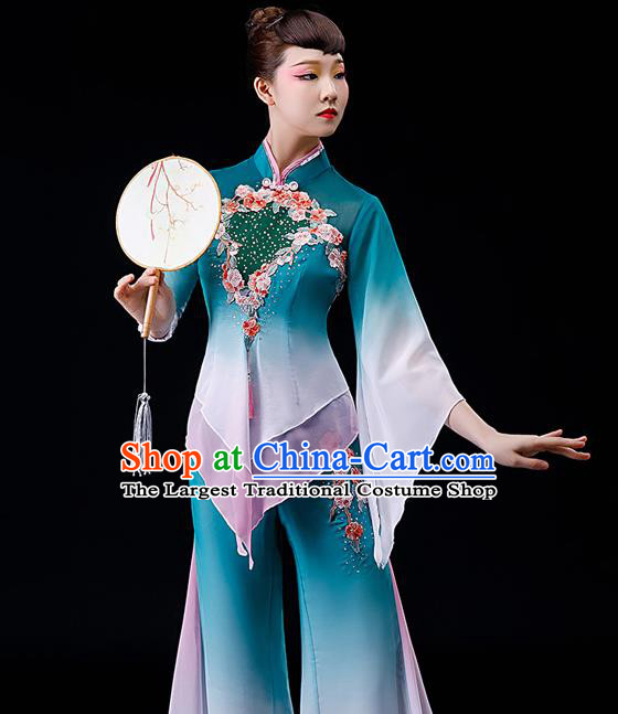 Chinese Folk Dance Blue Uniforms Traditional Fan Dance Garment Costumes Yangko Performance Clothing Yangge Dance Apparels