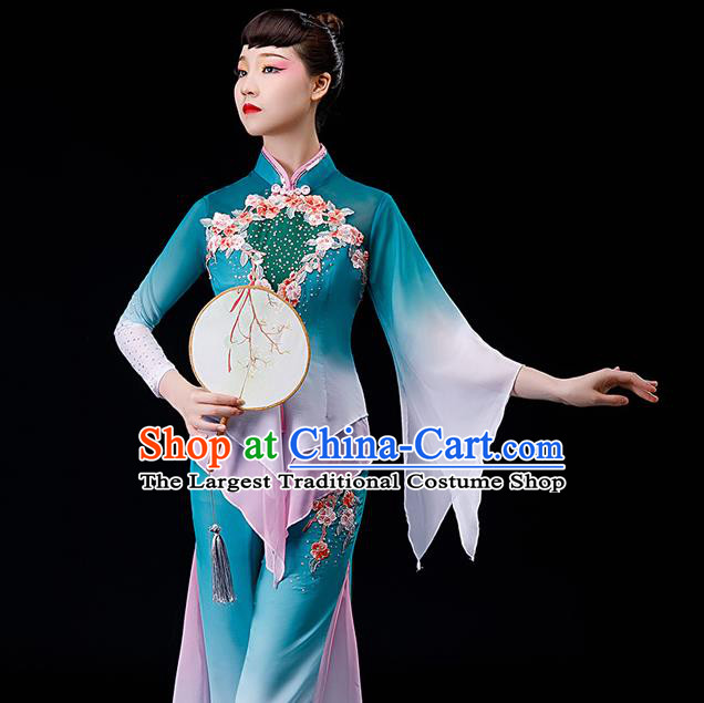 Chinese Folk Dance Blue Uniforms Traditional Fan Dance Garment Costumes Yangko Performance Clothing Yangge Dance Apparels