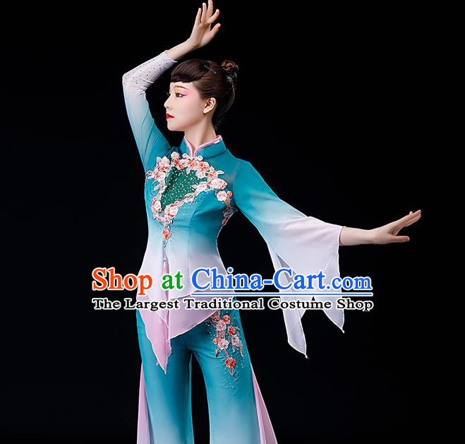 Chinese Folk Dance Blue Uniforms Traditional Fan Dance Garment Costumes Yangko Performance Clothing Yangge Dance Apparels