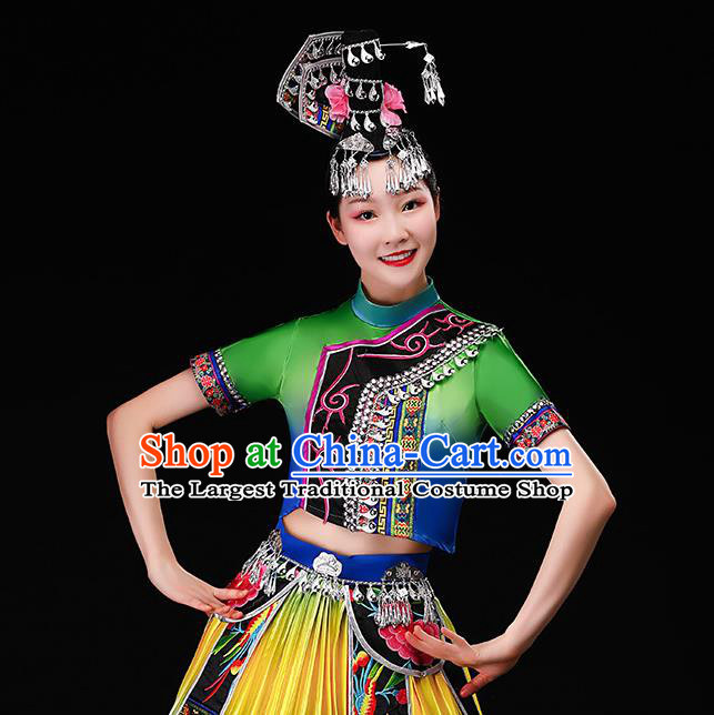 Chinese Miao Nationality Female Performance Clothing Hmong Minority Folk Dance Garment Costumes Ethnic Dance Green Dress Outfits