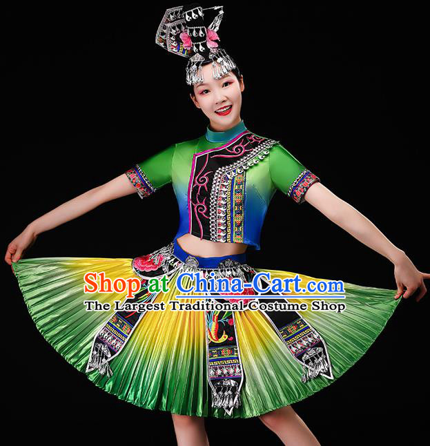 Chinese Miao Nationality Female Performance Clothing Hmong Minority Folk Dance Garment Costumes Ethnic Dance Green Dress Outfits
