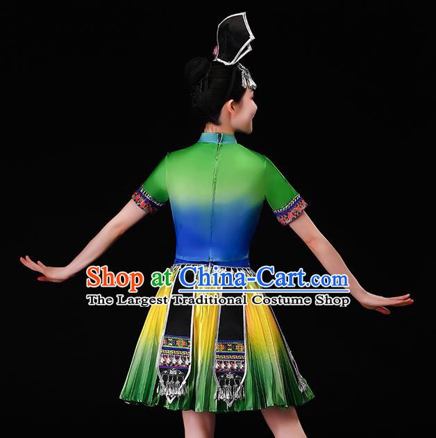 Chinese Miao Nationality Female Performance Clothing Hmong Minority Folk Dance Garment Costumes Ethnic Dance Green Dress Outfits