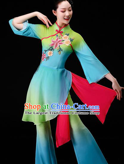 China Umbrella Dance Clothing Stage Performance Fashion Classical Dance Green Dress Women Group Dance Garment Costumes