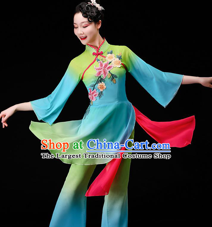 China Umbrella Dance Clothing Stage Performance Fashion Classical Dance Green Dress Women Group Dance Garment Costumes