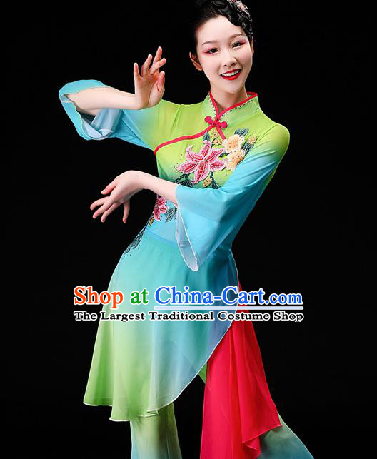 China Umbrella Dance Clothing Stage Performance Fashion Classical Dance Green Dress Women Group Dance Garment Costumes
