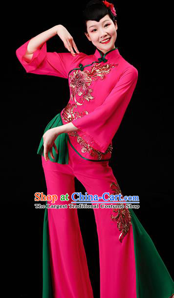 Chinese Yangko Square Performance Clothing Yangge Dance Apparels Folk Dance Rosy Uniforms Traditional Fan Dance Garment Costumes